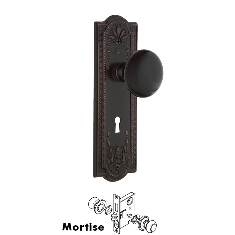 Nostalgic Warehouse Complete Mortise Lockset with Keyhole - Meadows Plate with Black Porcelain Door Knob in Timeless Bronze
