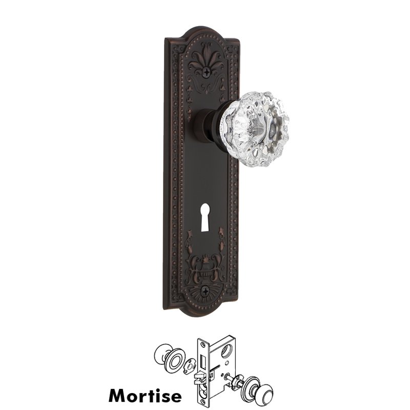 Nostalgic Warehouse Complete Mortise Lockset with Keyhole - Meadows Plate with Crystal Glass Door Knob in Timeless Bronze