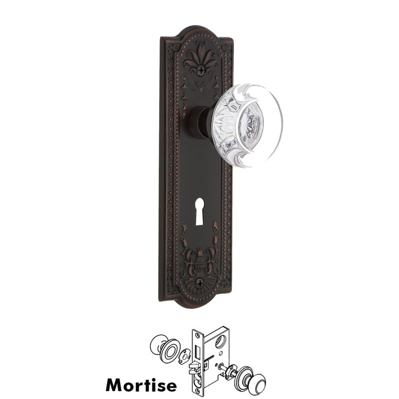 Nostalgic Warehouse Complete Mortise Lockset with Keyhole - Meadows Plate with Round Clear Crystal Glass Door Knob in Timeless Bronze