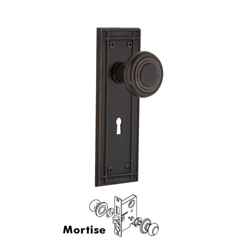 Nostalgic Warehouse Complete Mortise Lockset with Keyhole - Mission Plate with Deco Door Knob in Timeless Bronze