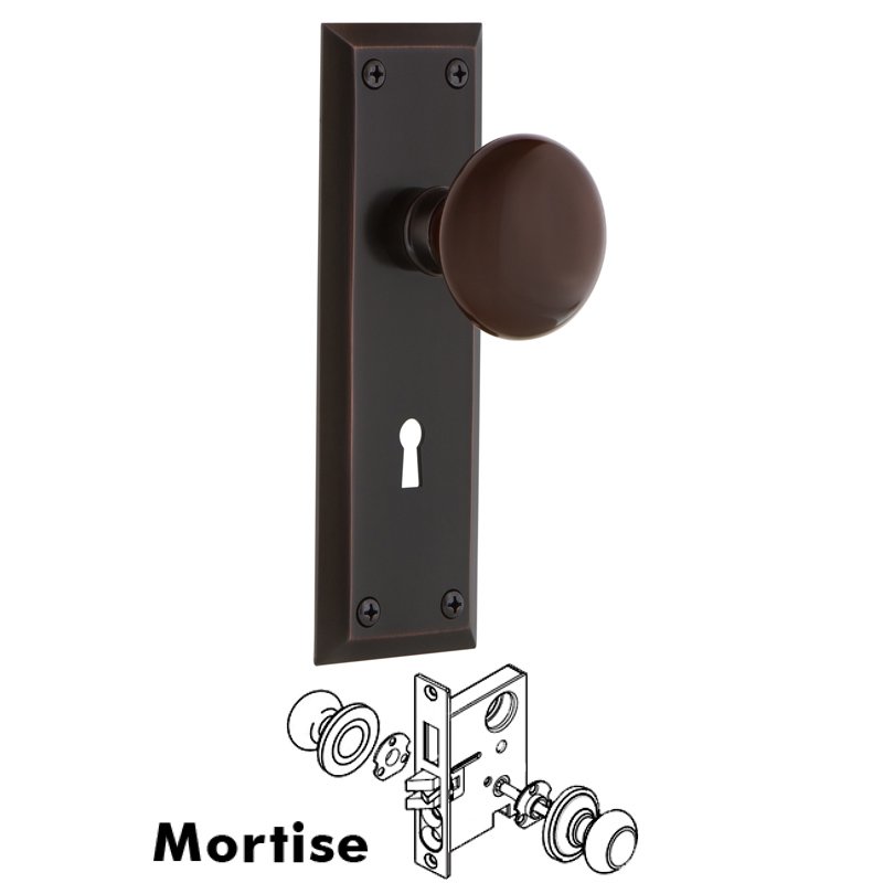 Nostalgic Warehouse Complete Mortise Lockset with Keyhole - New York Plate with Brown Porcelain Door Knob in Timeless Bronze