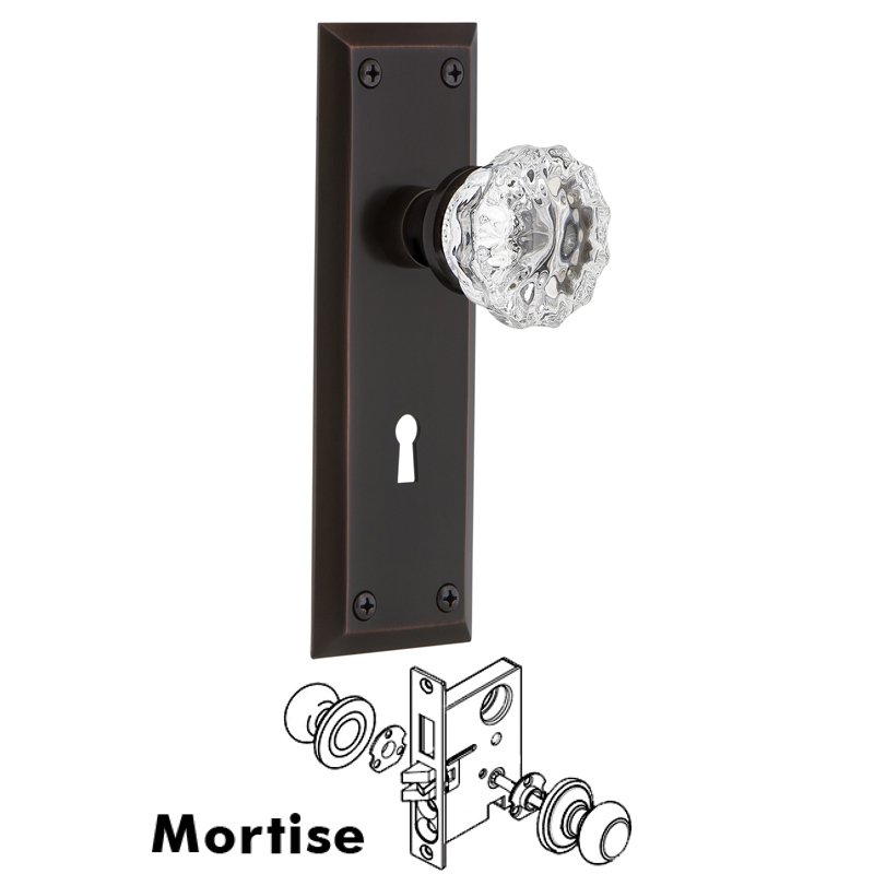 Nostalgic Warehouse Complete Mortise Lockset with Keyhole - New York Plate with Crystal Glass Door Knob in Timeless Bronze