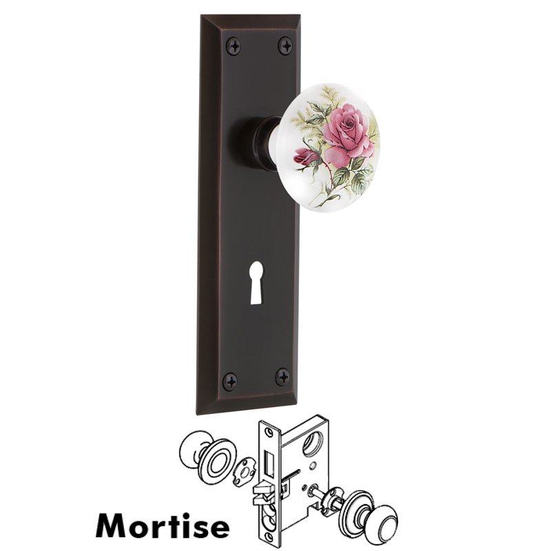Nostalgic Warehouse Complete Mortise Lockset with Keyhole - New York Plate with White Rose Porcelain Door Knob in Timeless Bronze