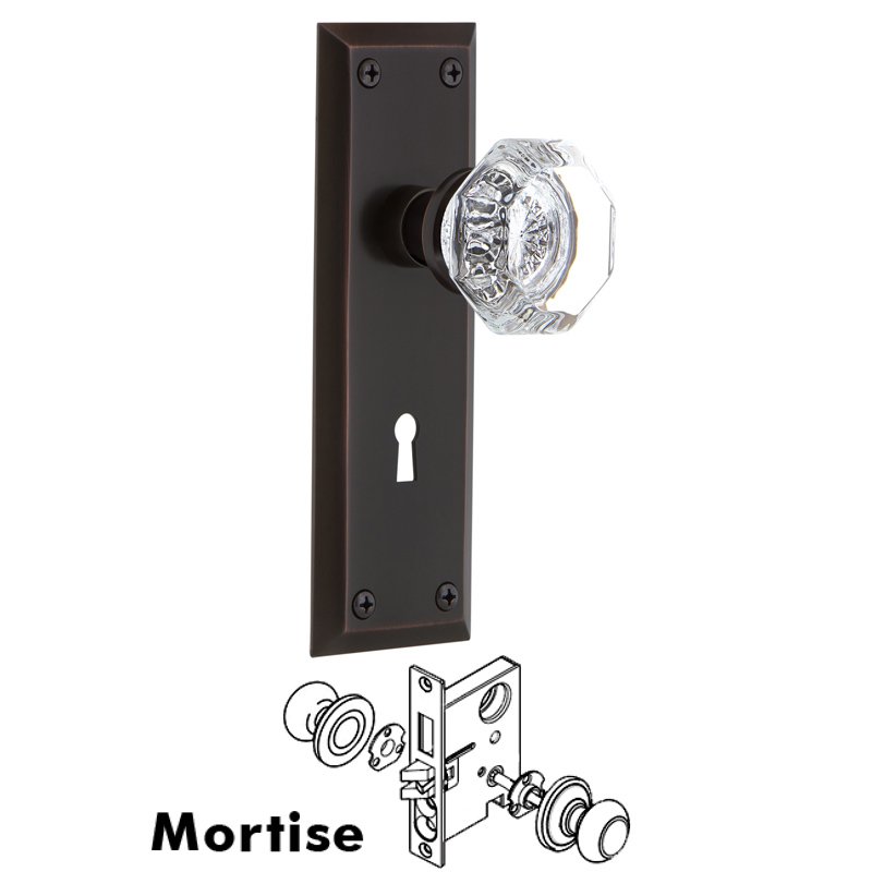 Nostalgic Warehouse Complete Mortise Lockset with Keyhole - New York Plate with Waldorf Door Knob in Timeless Bronze