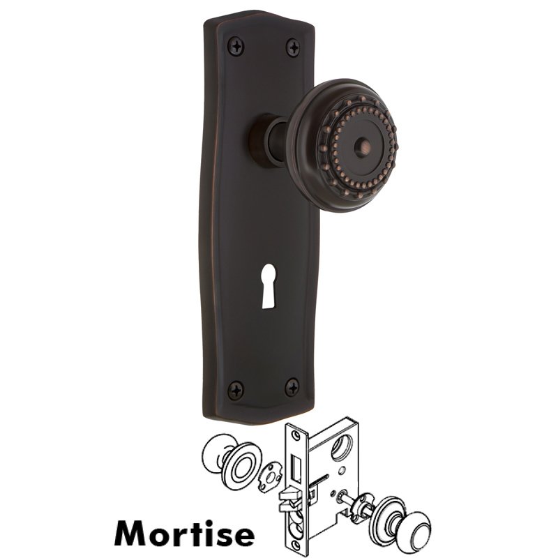 Nostalgic Warehouse Complete Mortise Lockset with Keyhole - Prairie Plate with Meadows Door Knob in Timeless Bronze