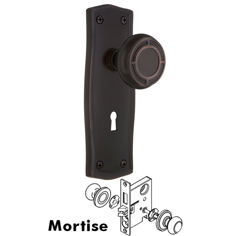 Nostalgic Warehouse Complete Mortise Lockset with Keyhole - Prairie Plate with Mission Door Knob in Timeless Bronze