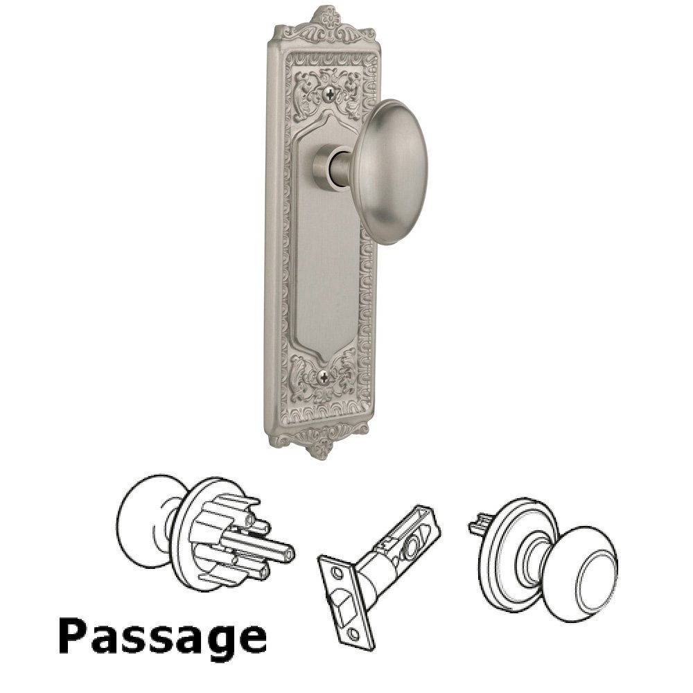Nostalgic Warehouse Complete Passage Set Without Keyhole - Egg & Dart Plate with Homestead Knob in Satin Nickel