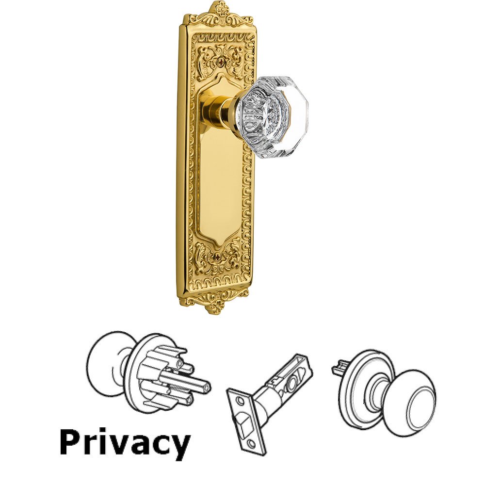Nostalgic Warehouse Privacy Knob - Egg & Dart Plate with Waldorf Crystal Door Knob in Polished Brass