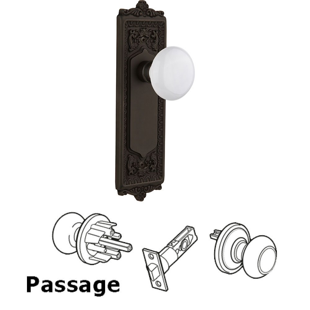 Nostalgic Warehouse Passage Egg & Dart Plate with White Porcelain Door Knob in Oil-Rubbed Bronze