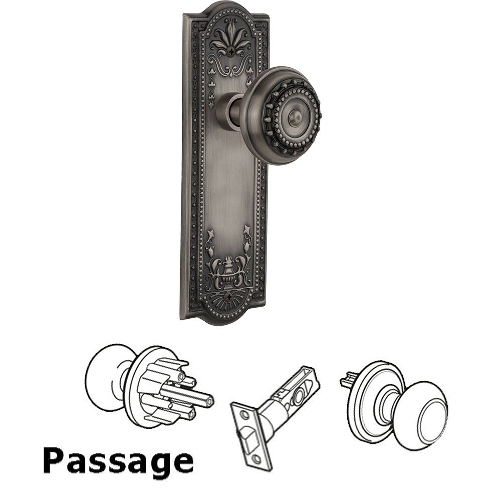 Nostalgic Warehouse Passage Knob - Meadows Plate with Meadows Door Knob in Antique Pewter