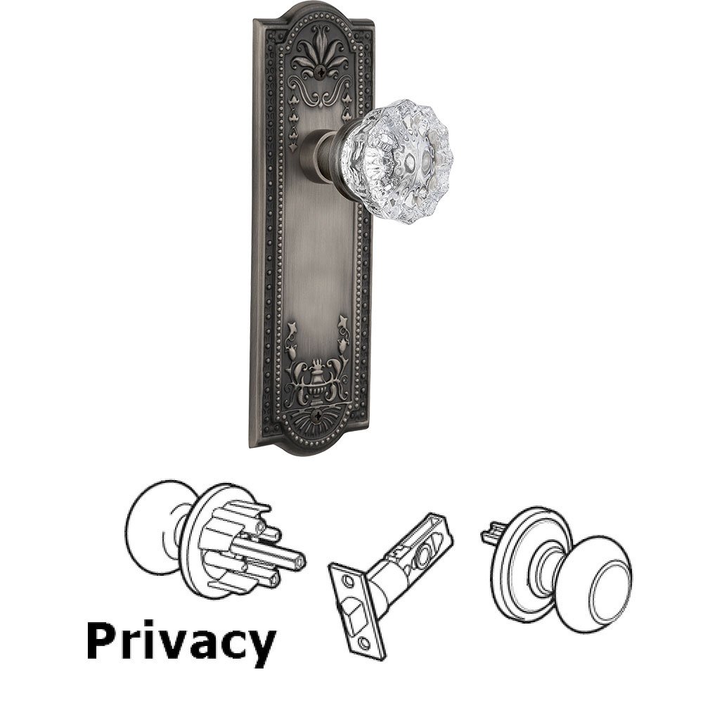Nostalgic Warehouse Privacy Knob - Meadows Plate with Crystal Door Knob in Antique Pewter