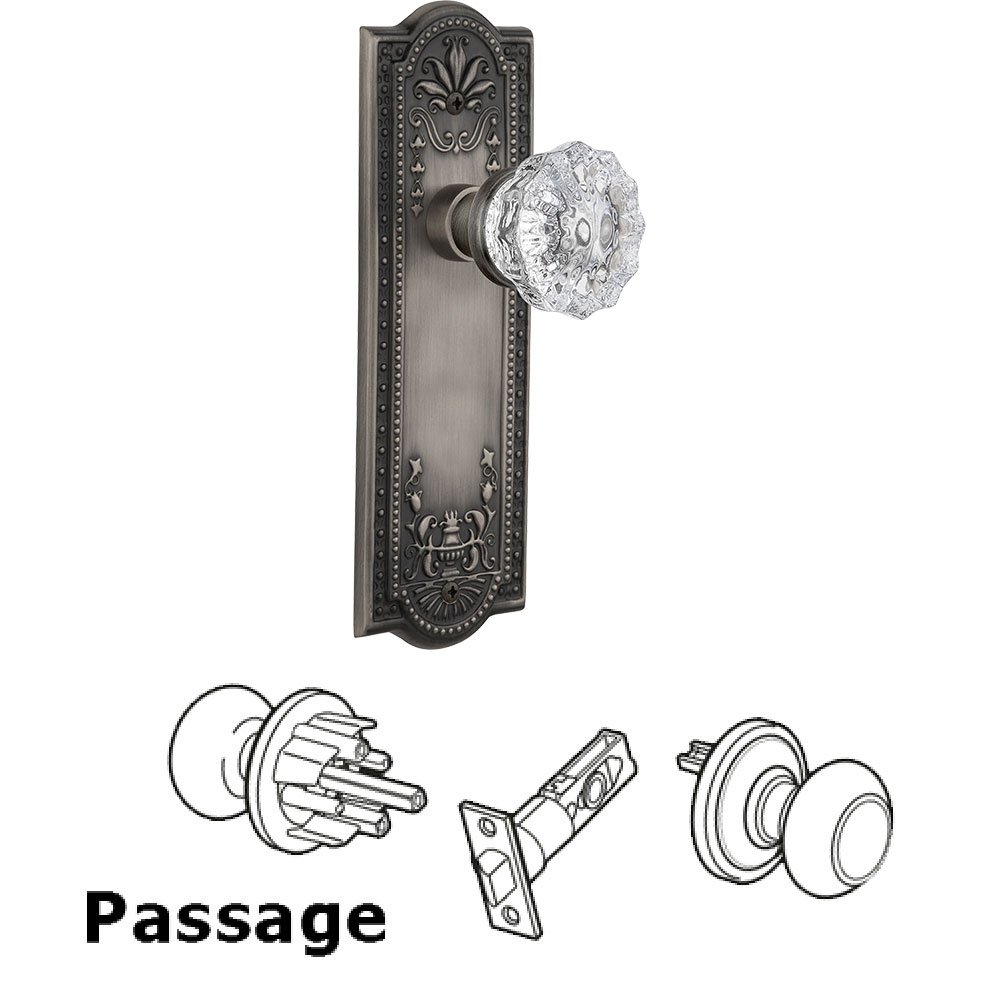 Nostalgic Warehouse Passage Knob - Meadows Plate with Crystal Door Knob in Antique Pewter