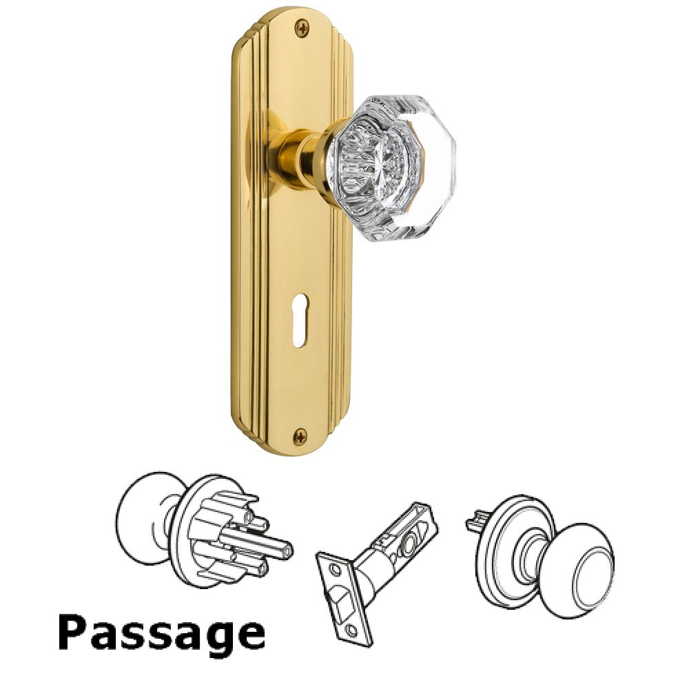 Nostalgic Warehouse Passage Deco Plate with Keyhole and Waldorf Door Knob in Polished Brass