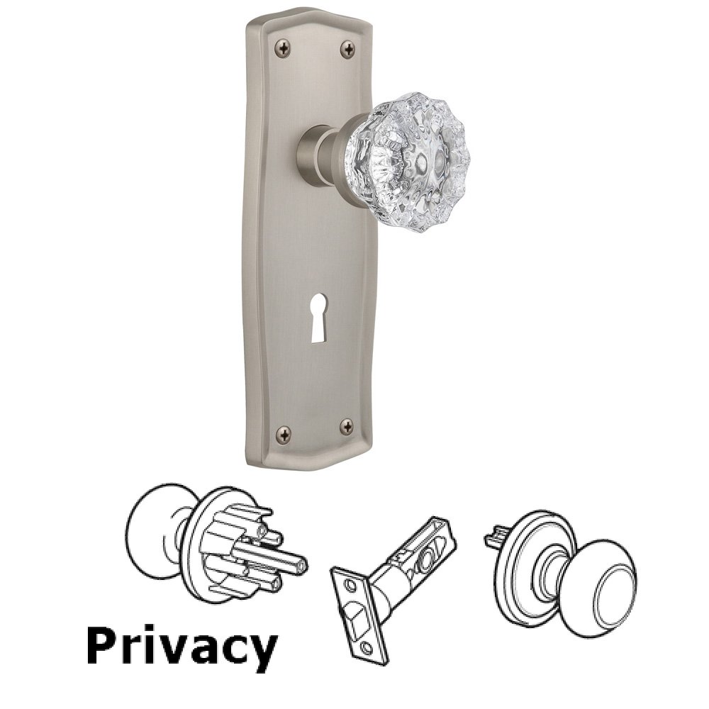 Nostalgic Warehouse Privacy Prairie Plate with Keyhole and Crystal Glass Door Knob in Satin Nickel