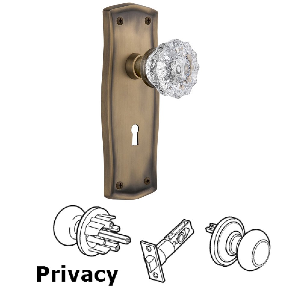 Nostalgic Warehouse Complete Privacy Set With Keyhole - Prairie Plate with Crystal Knob in Antique Brass
