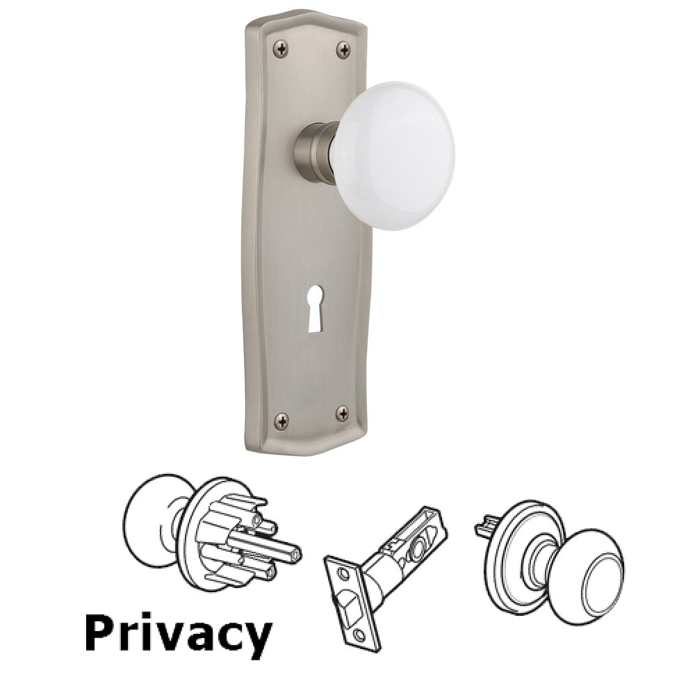 Nostalgic Warehouse Complete Privacy Set With Keyhole - Prairie Plate with White Porcelain Knob in Satin Nickel