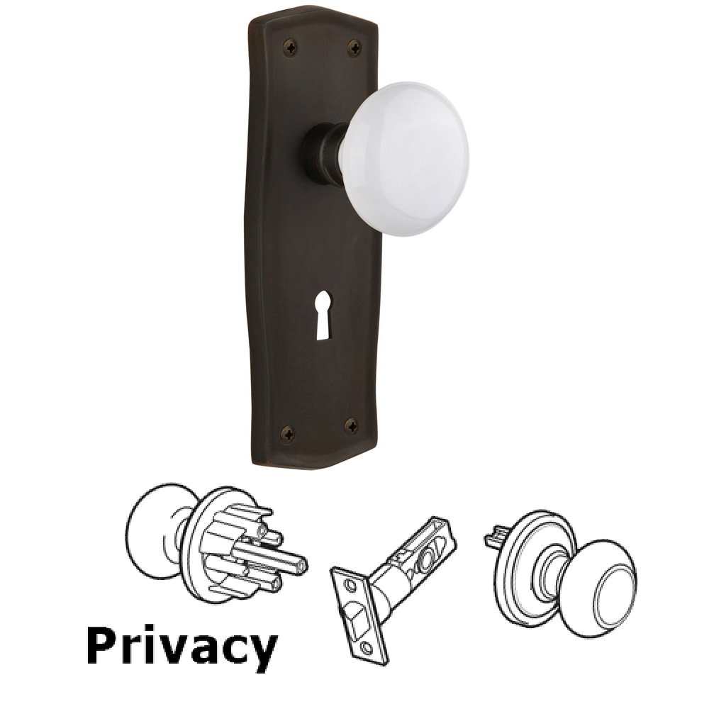 Nostalgic Warehouse Complete Privacy Set With Keyhole - Prairie Plate with White Porcelain Knob in Oil Rubbed Bronze