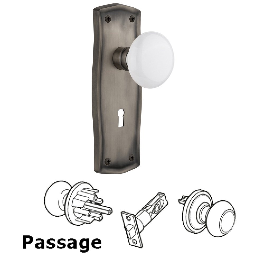 Nostalgic Warehouse Passage Prairie Plate with Keyhole and White Porcelain Door Knob in Antique Pewter