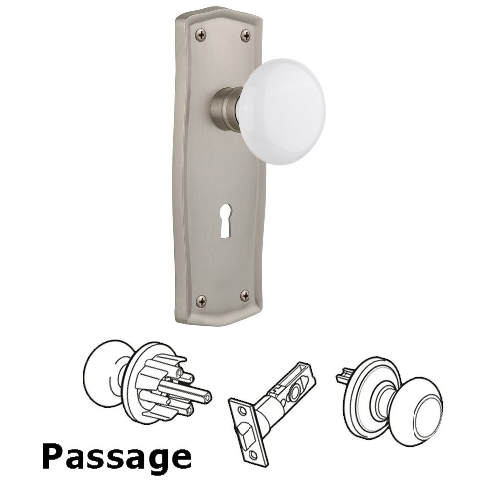 Nostalgic Warehouse Complete Passage Set With Keyhole - Prairie Plate with White Porcelain Knob in Satin Nickel