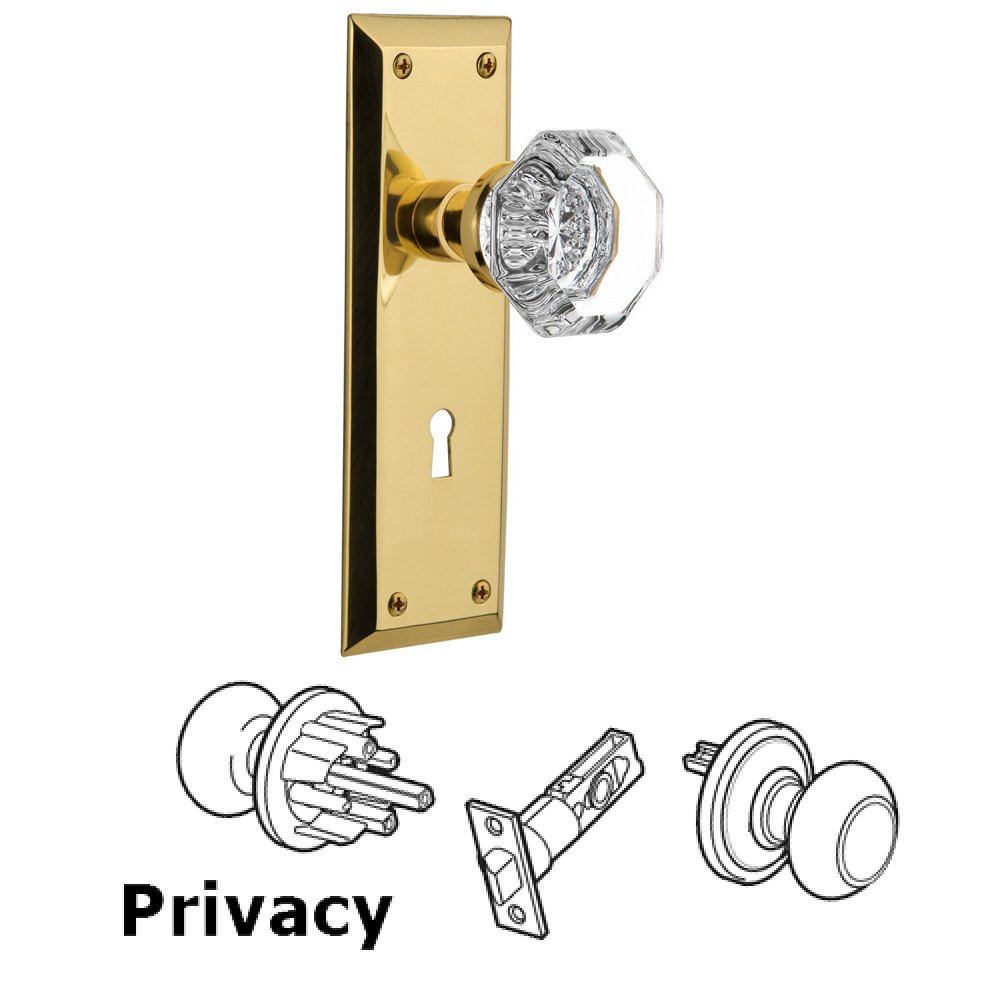 Nostalgic Warehouse Complete Privacy Set With Keyhole - New York Plate with Waldorf Knob in Polished Brass