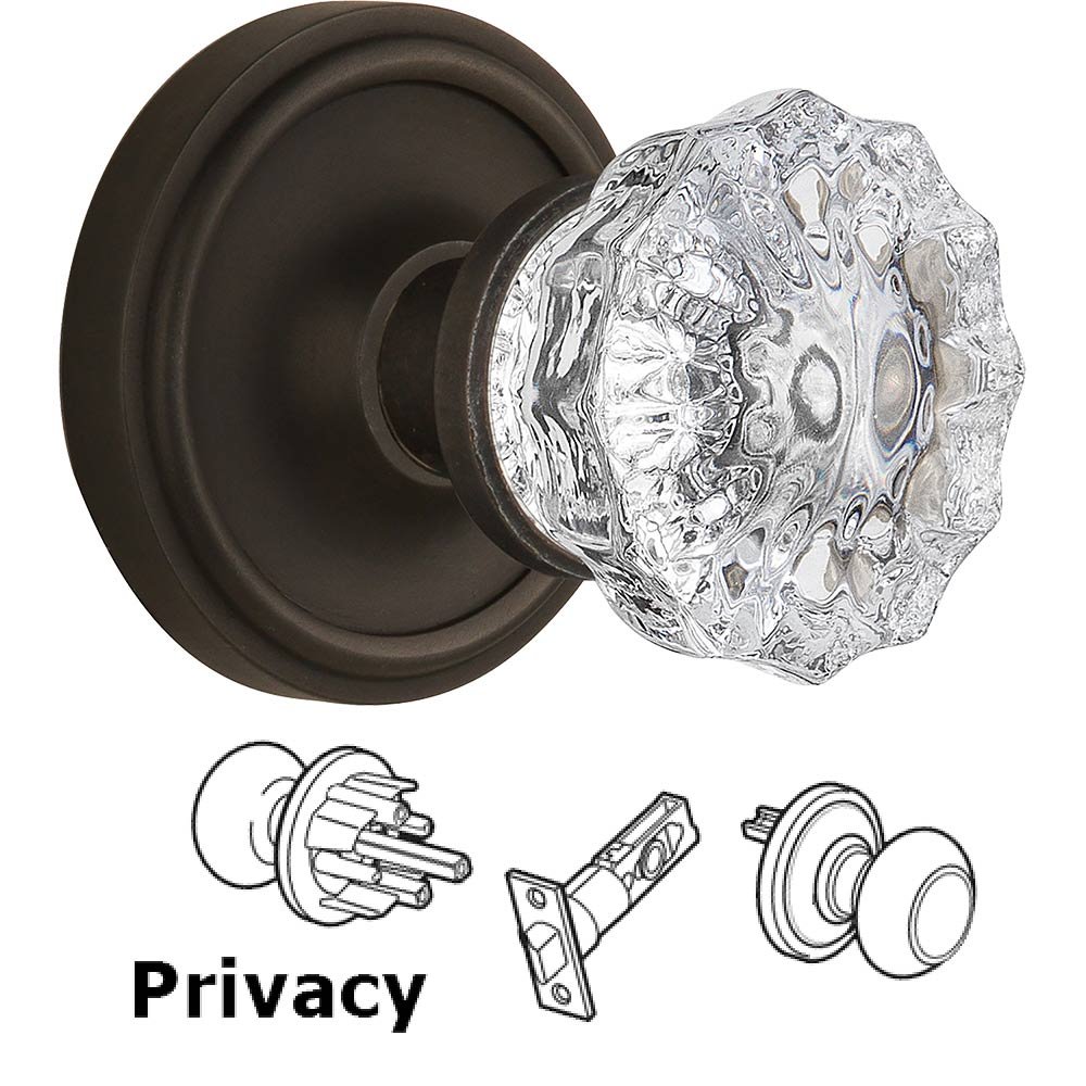 Nostalgic Warehouse Privacy Knob - Classic Rose with Crystal Door Knob in Oil Rubbed Bronze