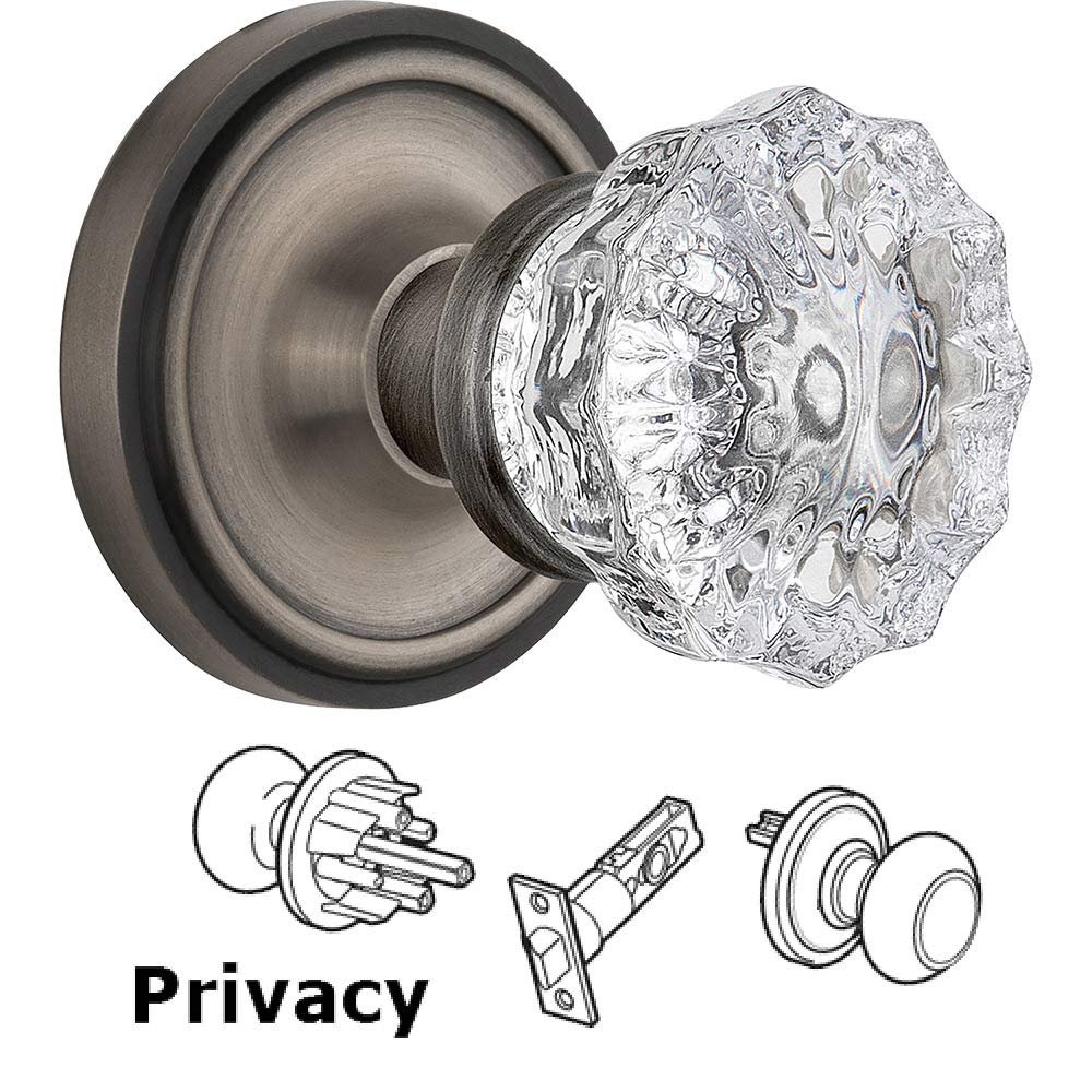 Nostalgic Warehouse Privacy Knob - Classic Rose with Crystal Door Knob in Antique Pewter