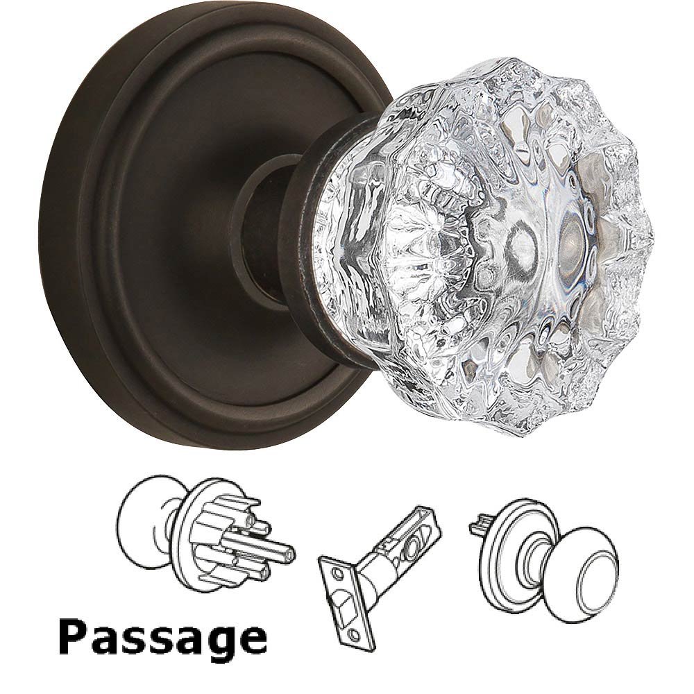 Nostalgic Warehouse Passage Knob - Classic Rose with Crystal Door Knob in Oil Rubbed Bronze