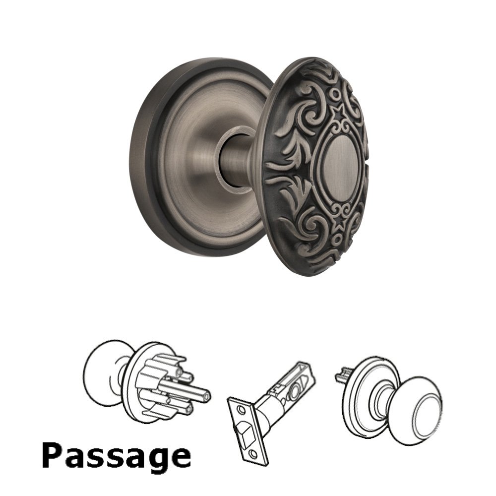 Nostalgic Warehouse Complete Passage Set Without Keyhole - Classic Rosette with Victorian Knob in Antique Pewter