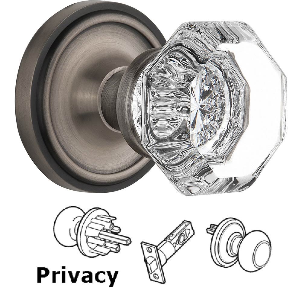 Nostalgic Warehouse Privacy Knob - Classic Rose with Waldorf Crystal Door Knob in Antique Pewter