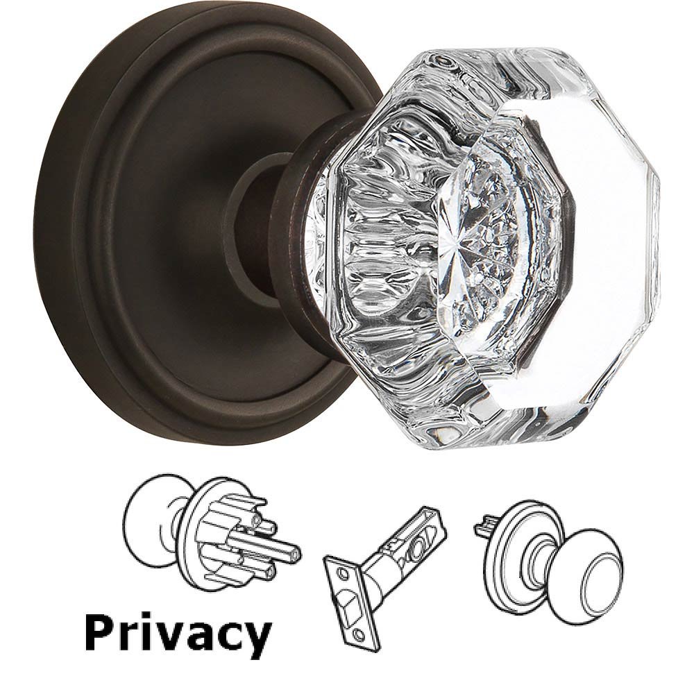 Nostalgic Warehouse Privacy Knob - Classic Rosette with Waldorf Crystal Door Knob in Oil-rubbed Bronze