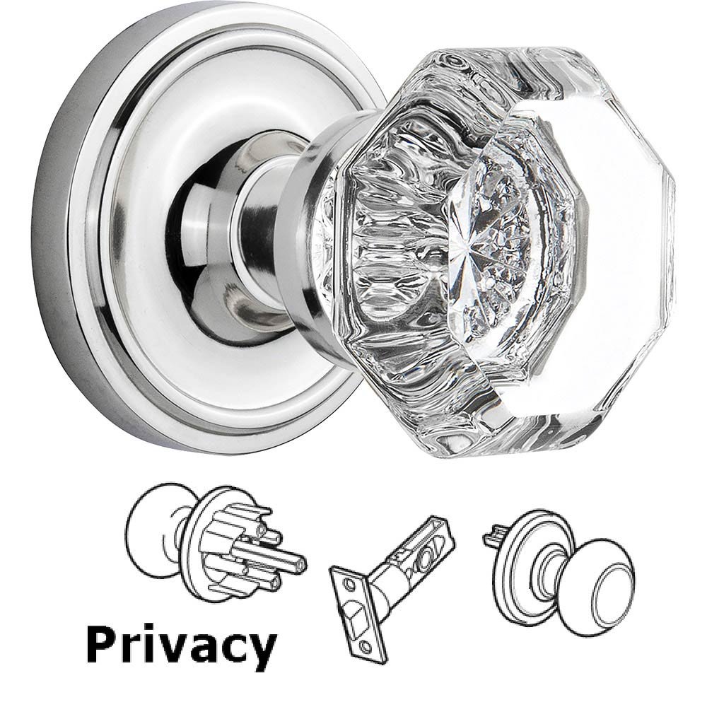 Nostalgic Warehouse Privacy Knob - Classic Rose with Waldorf Crystal Door Knob in Bright Chrome