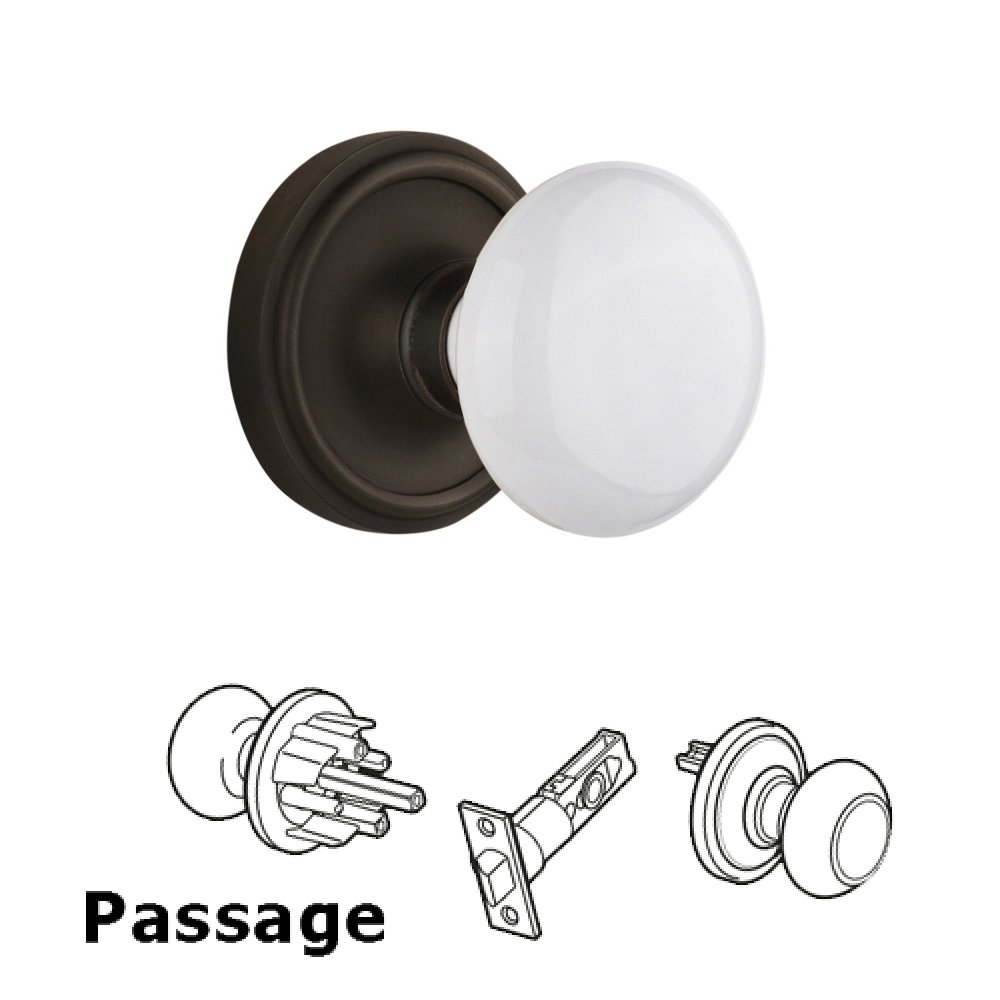 Nostalgic Warehouse Complete Passage Set Without Keyhole - Classic Rosette with White Porcelain Knob in Oil Rubbed Bronze