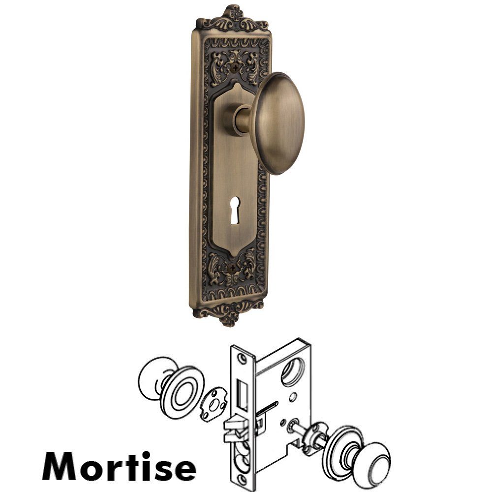 Nostalgic Warehouse Complete Mortise Lockset - Egg & Dart Plate with Homestead Knob in Antique Brass