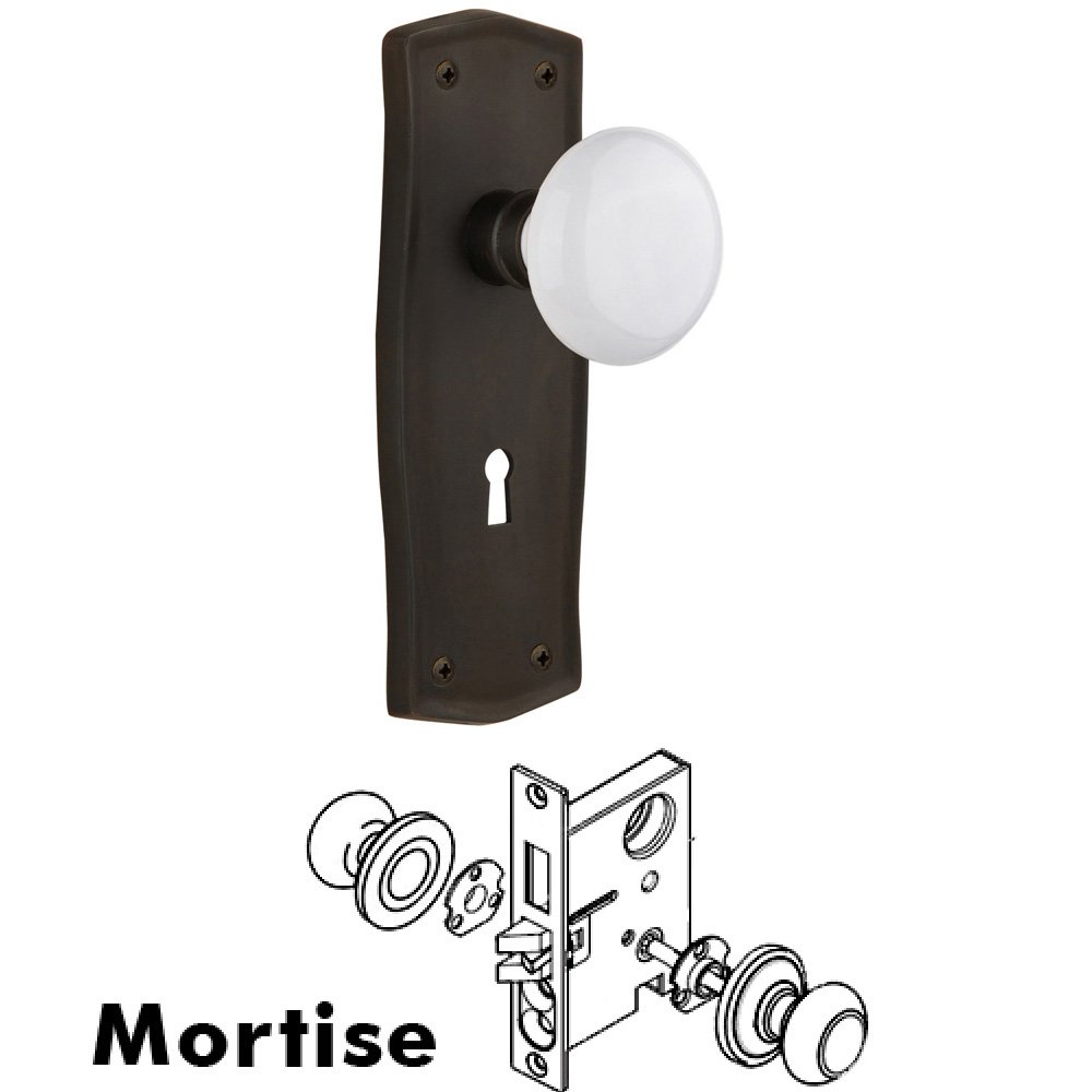 Nostalgic Warehouse Complete Mortise Lockset - Prairie Plate with White Porcelain Knob in Oil Rubbed Bronze