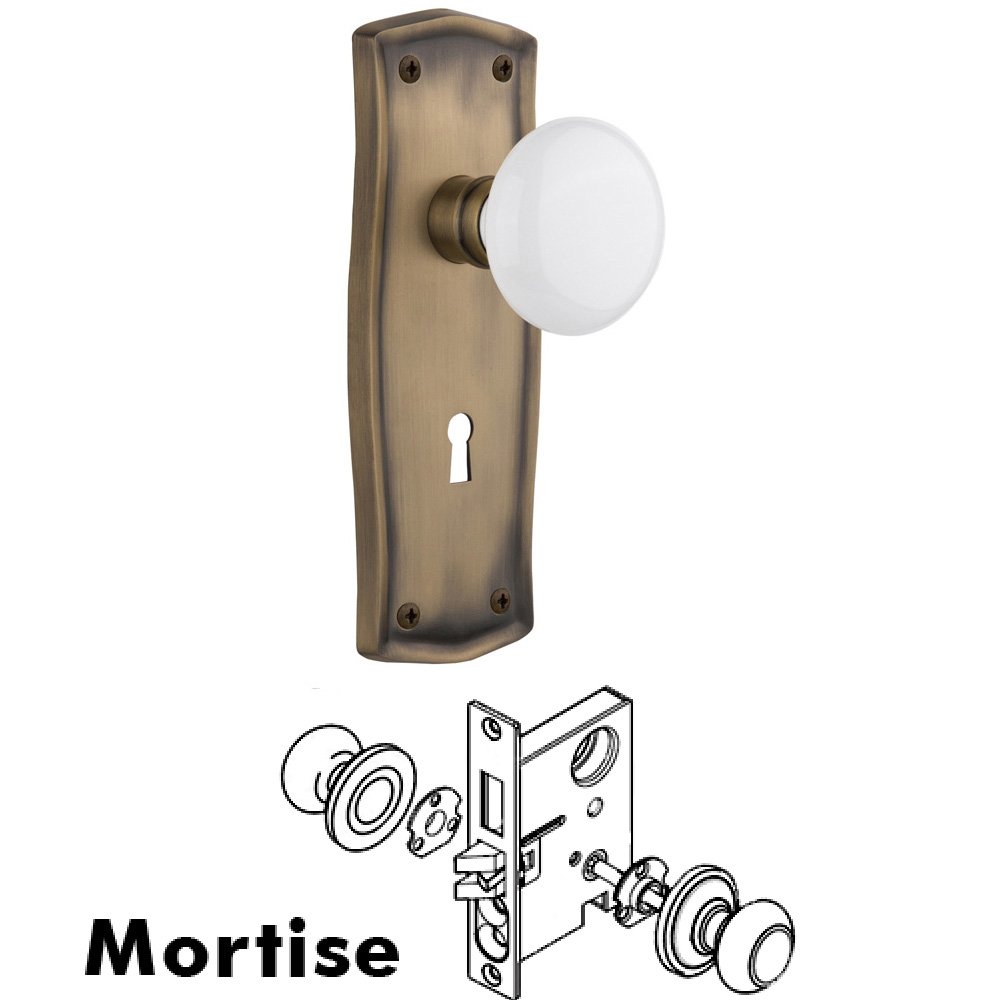 Nostalgic Warehouse Complete Mortise Lockset - Prairie Plate with White Porcelain Knob in Antique Brass