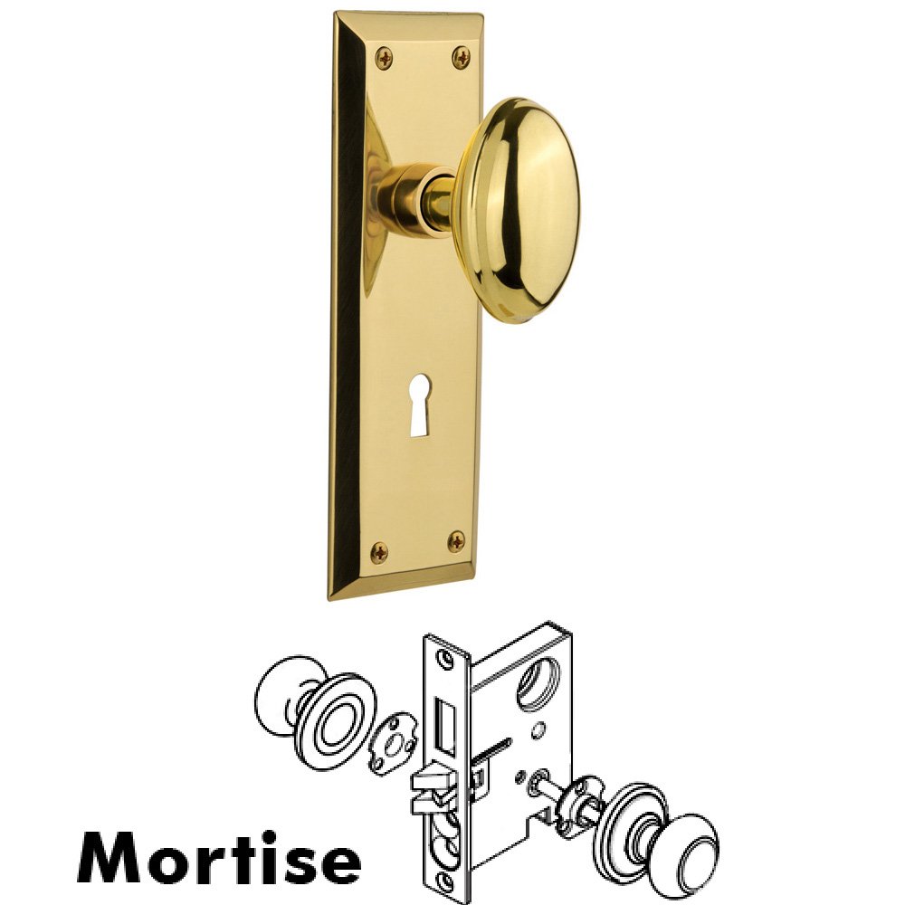 Nostalgic Warehouse Complete Mortise Lockset - New York Plate with Homestead Knob in Polished Brass