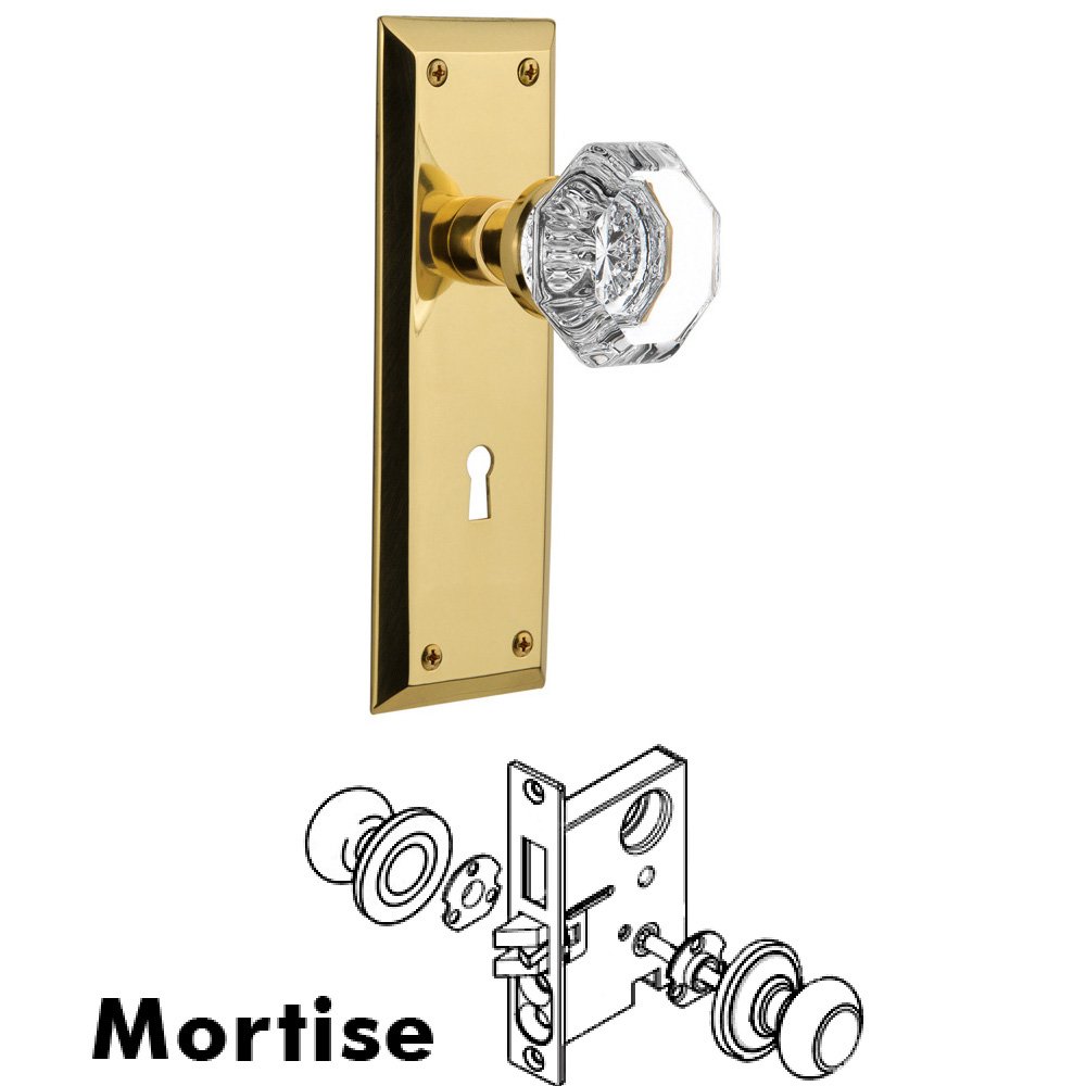 Nostalgic Warehouse Complete Mortise Lockset - New York Plate with Waldorf Knob in Polished Brass
