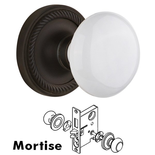 Nostalgic Warehouse Complete Mortise Lockset with Keyhole - Rope Rosette with White Porcelain Door Knob in Oil Rubbed Bronze