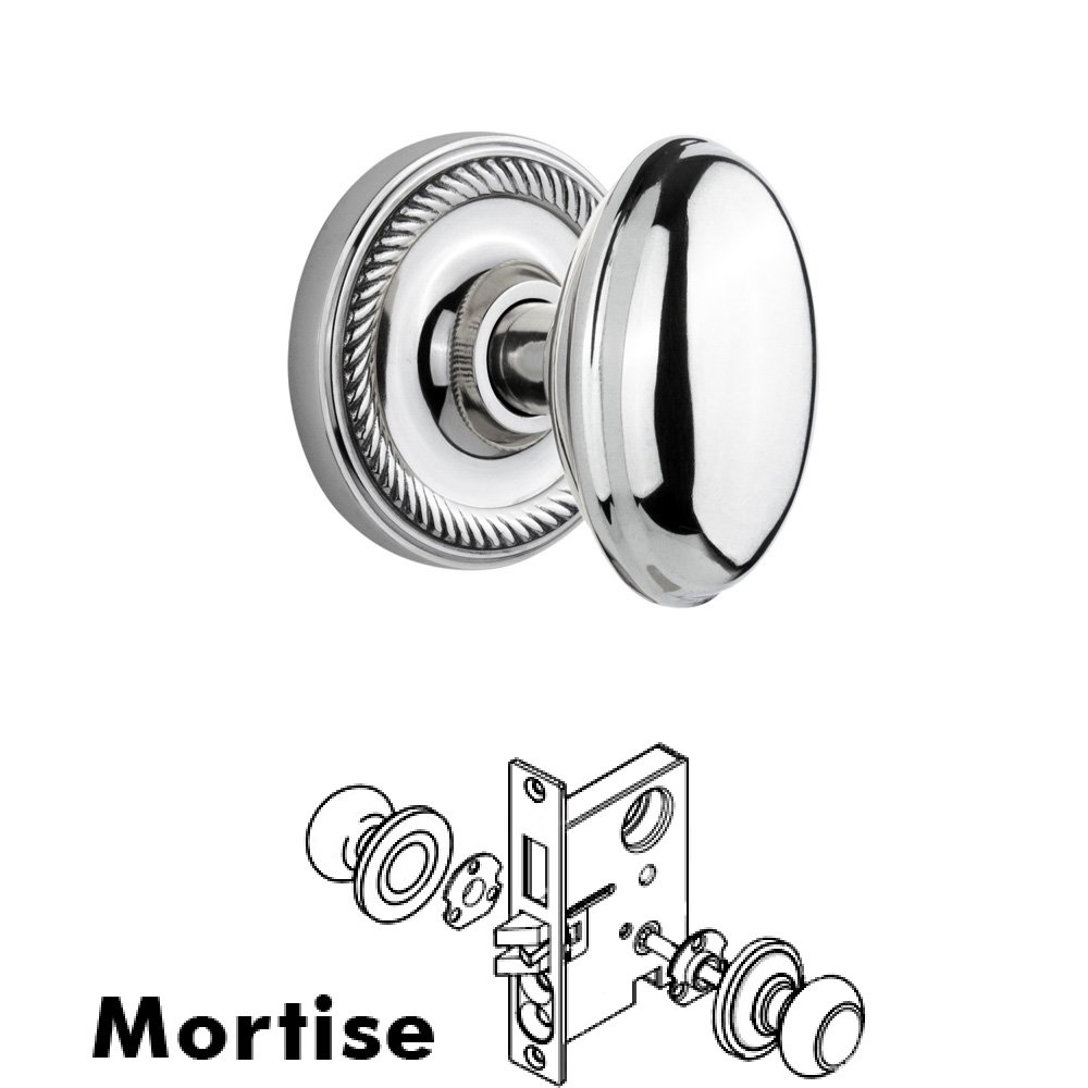 Nostalgic Warehouse Complete Mortise Lockset - Rope Rosette with Homestead Knob in Bright Chrome