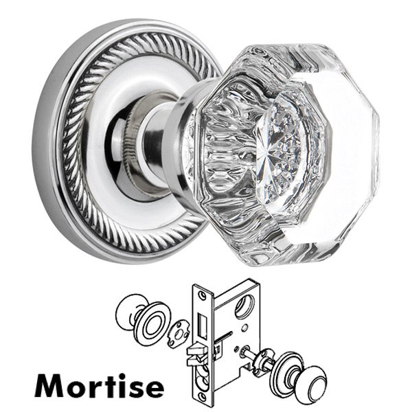 Nostalgic Warehouse Mortise Knob - Rope Rose with Waldorf Crystal Door Knob in Bright Chrome
