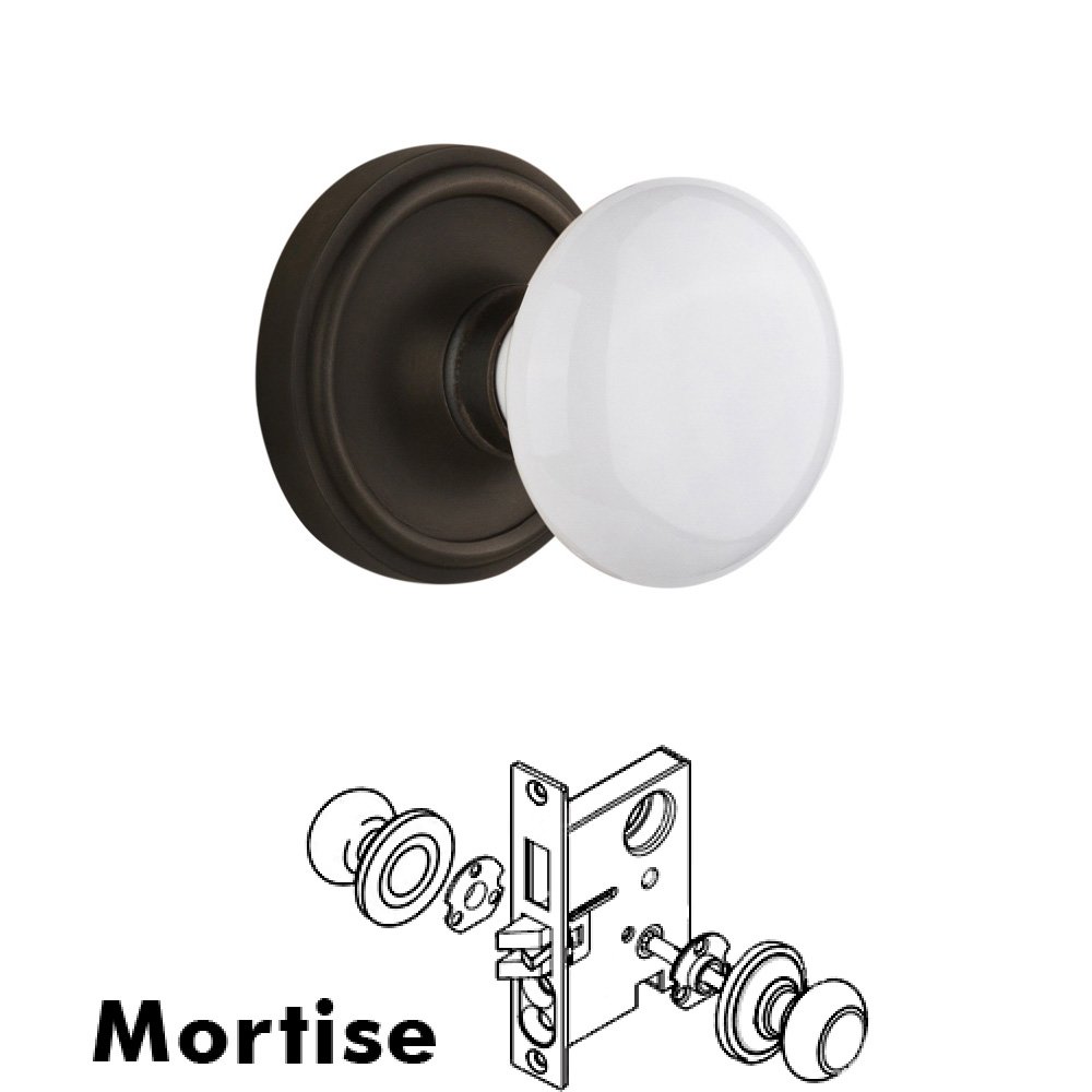 Nostalgic Warehouse Complete Mortise Lockset - Classic Rosette with White Porcelain Knob in Oil Rubbed Bronze