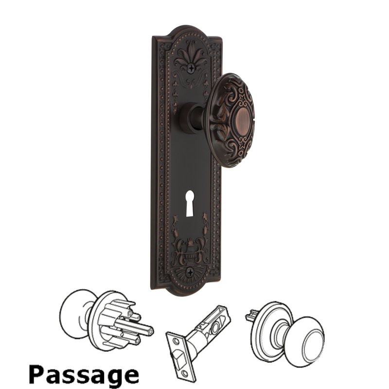 Nostalgic Warehouse Complete Passage Set with Keyhole - Meadows Plate with Victorian Door Knob in Timeless Bronze