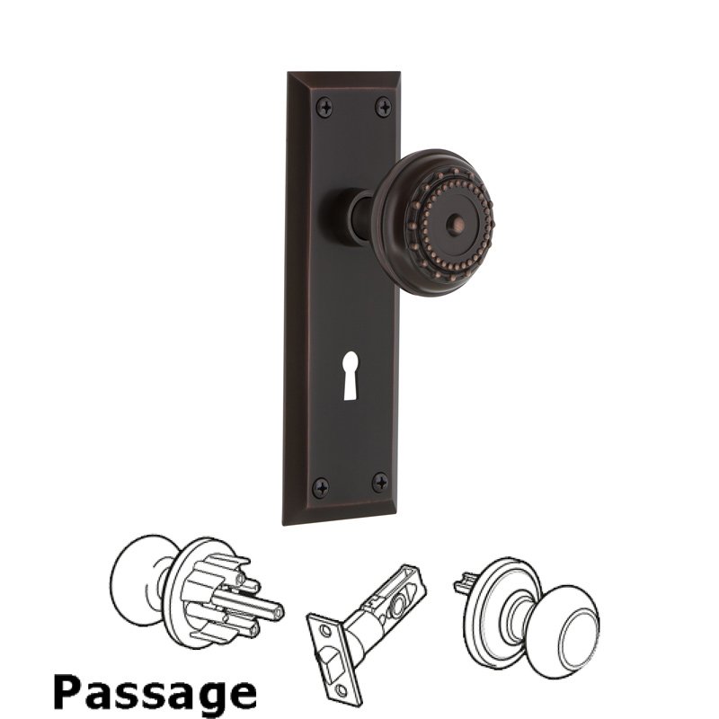 Nostalgic Warehouse Complete Passage Set with Keyhole - New York Plate with Meadows Door Knob in Timeless Bronze
