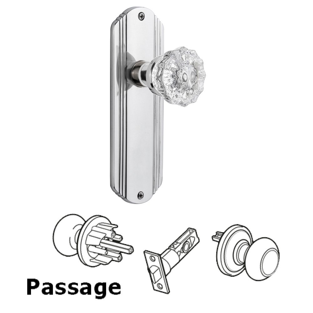 Nostalgic Warehouse Complete Passage Set Without Keyhole - Deco Plate with Crystal Knob in Bright Chrome