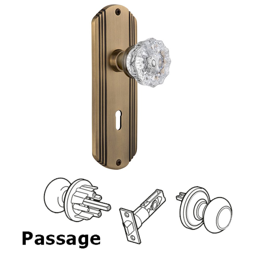 Nostalgic Warehouse Complete Passage Set With Keyhole - Deco Plate with Crystal Knob in Antique Brass