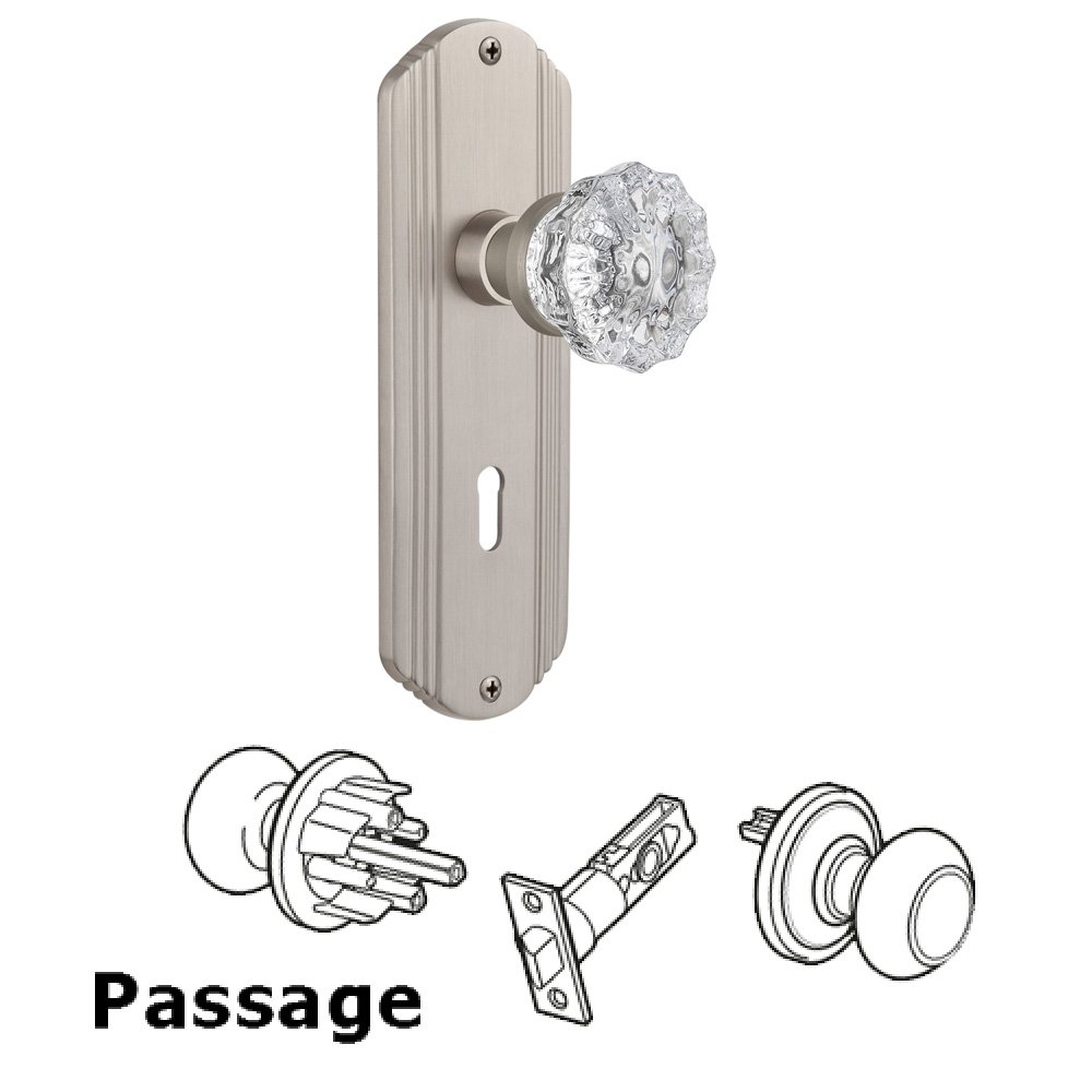 Nostalgic Warehouse Passage Deco Plate with Keyhole and Crystal Glass Door Knob in Satin Nickel