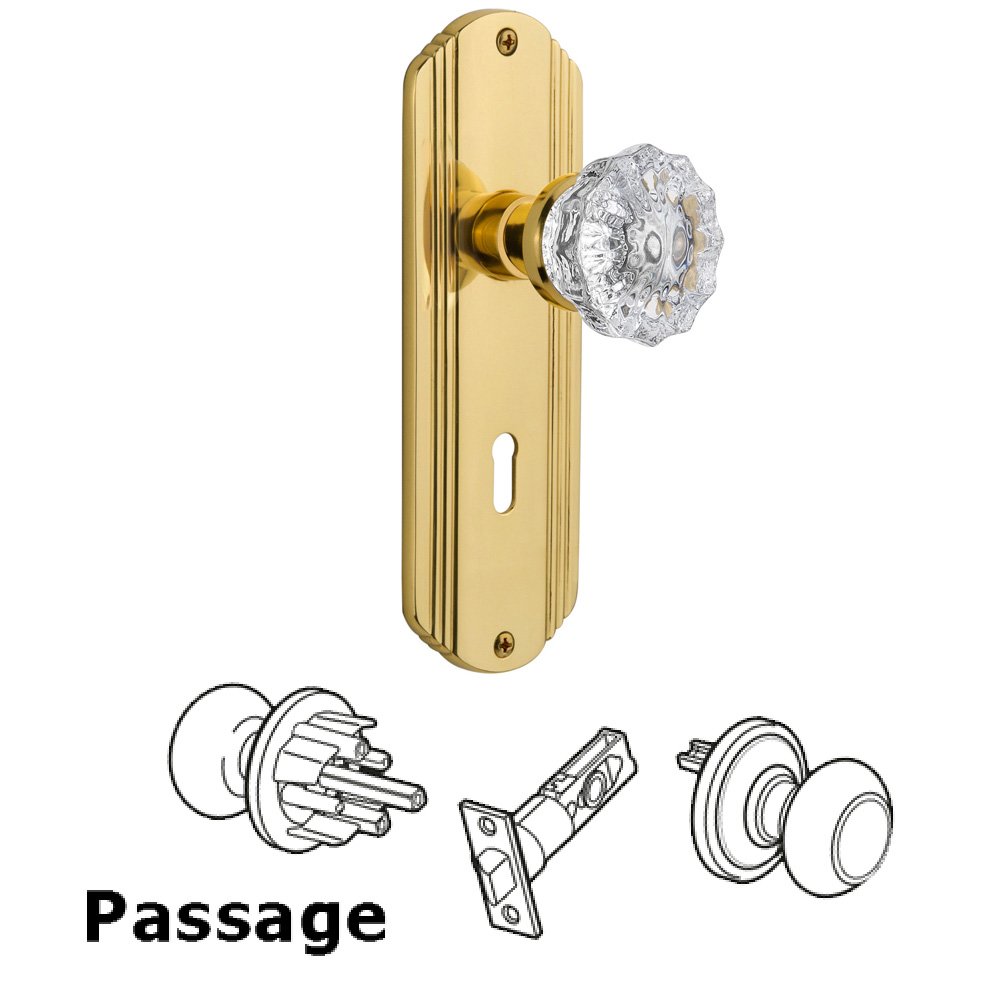 Nostalgic Warehouse Complete Passage Set With Keyhole - Deco Plate with Crystal Knob in Unlacquered Brass