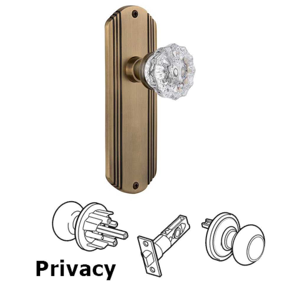 Nostalgic Warehouse Complete Privacy Set Without Keyhole - Deco Plate with Crystal Knob in Antique Brass
