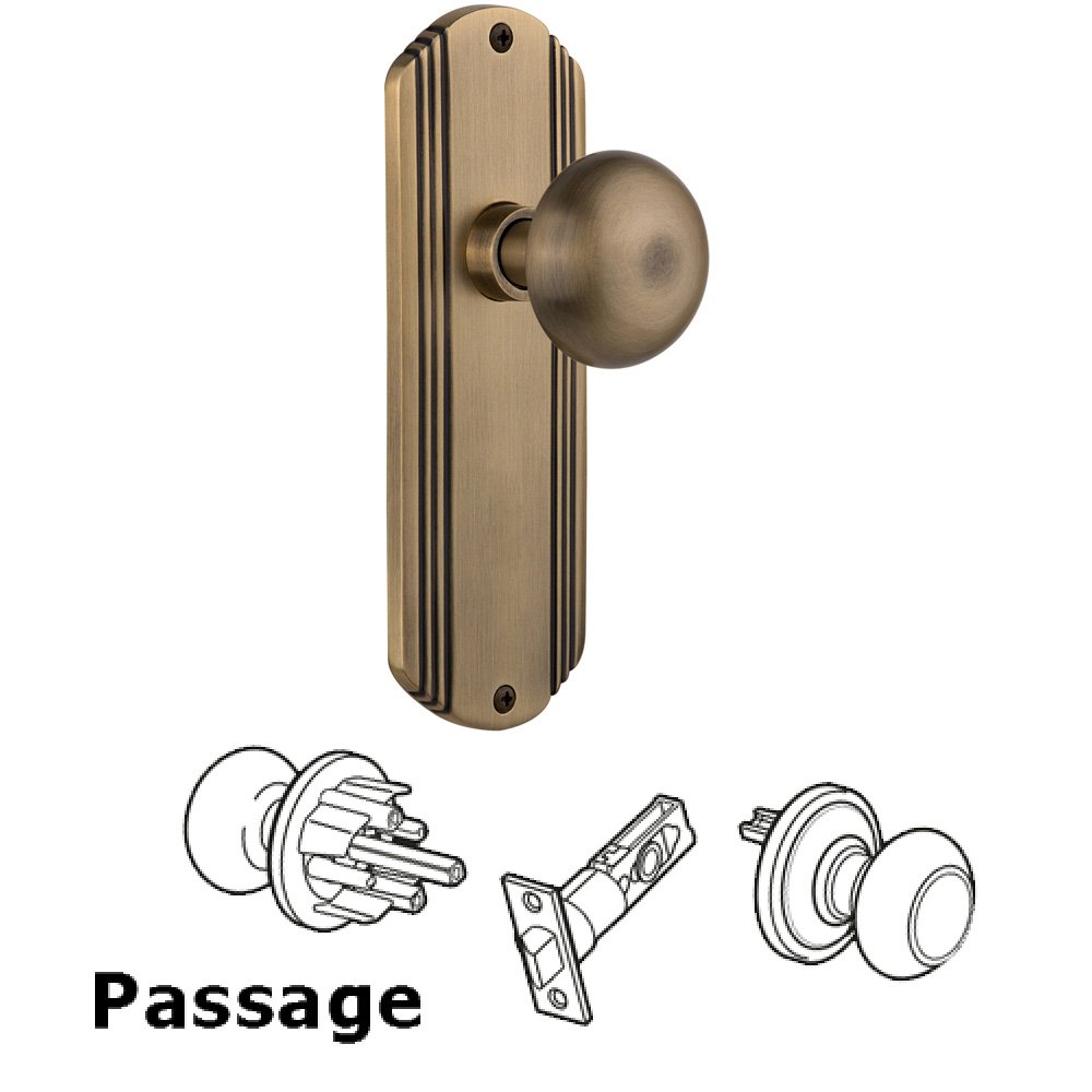 Nostalgic Warehouse Complete Passage Set Without Keyhole - Deco Plate with New York Knob in Antique Brass