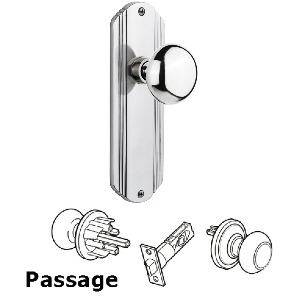 Nostalgic Warehouse Complete Passage Set Without Keyhole - Deco Plate with New York Knob in Bright Chrome